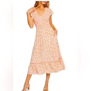 Lost and Wander. Coastal Daisies Floral Print Midi Dress
Color: Orange-White